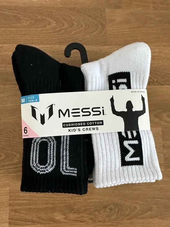 Messi Cushioned Cotton Kid's Crew Socks - Black & White (6-Pack)