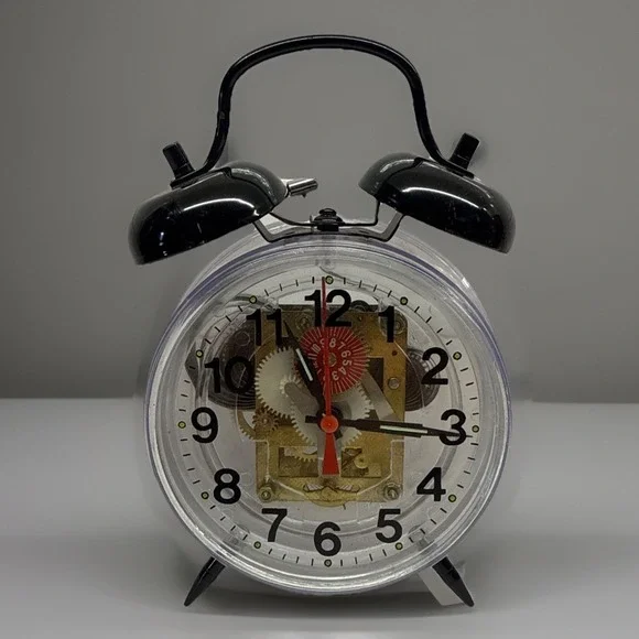 Vintage Wind Up Skeleton Alarm Clock Clear Acrylic Case Twin Bell Mechanical HTF