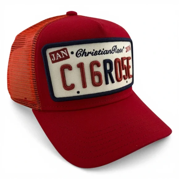 Christian‎ Rose Iconic II London Plate Red Mesh Back Trucker Adjustable Hat Cap