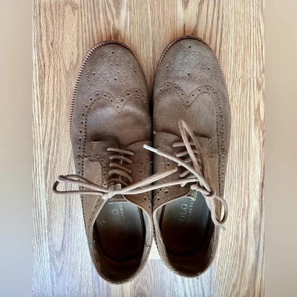 Polo Ralph Lauren Suede Oxford Wingtips Men Tan 10D Preppy Brogue