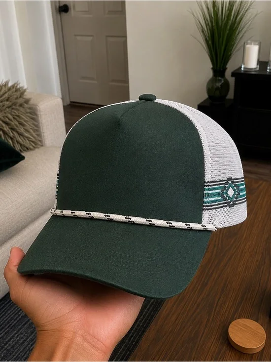 Dark Green and White Trucker Hat with Aztec Accent