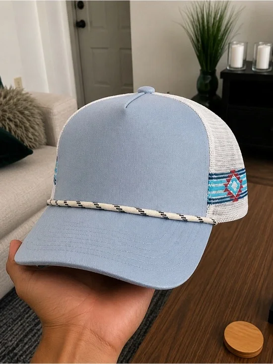 Light Blue Trucker Hat with Aztec Accent