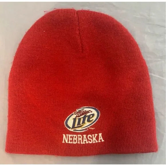 Miller Lite Beer Beanie Hat One Size Stretch Fit Red Cap Logo Adults Nebraska