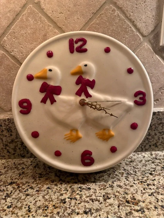 Whimsical White Duck Wall Clock with Yellow Beak and Pink Accents