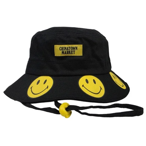 Smiley Bucket Hat Cap Medium Large Chinatown Market Woven Label Black NWT