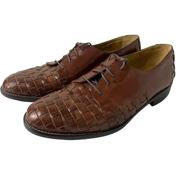 Johnston Murphy Brown Leather Oxford Dress Shoes Woven Leather Men's 8.5M