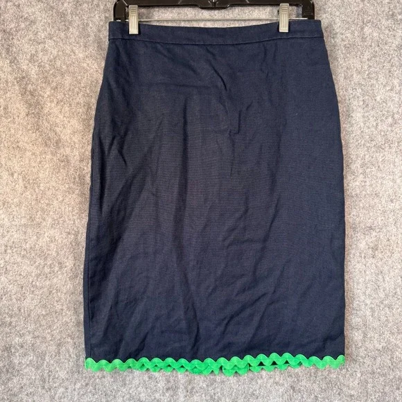 J Crew Linen Pencil Knee Skirt Size 4 Navy Blue Ric-Rac Trim Twee Preppy