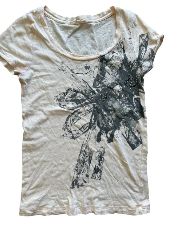 J.Crew Floral Graphic Tee Women's S Yellow Beaded Embellished Cotton Top Artsy