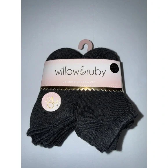 Willow & Ruby Girls 20 Pair Low Cut Ankle Socks Black Size 7-10 NIP Wicking NWT