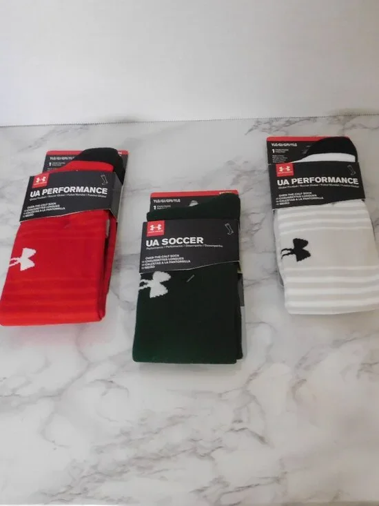 NEW 3 Pairs Under Armour Over the Calf Sport Socks Red White/Gray Green sz YLG
