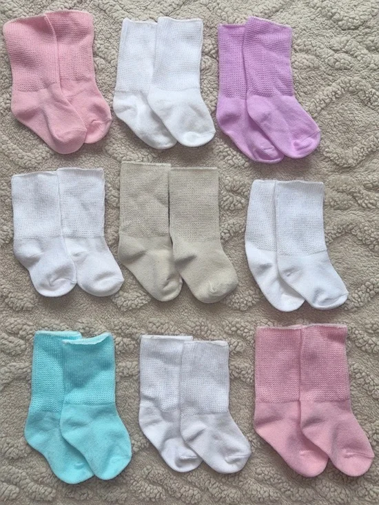 Baby Girl 0-6M Sock Bundle - Mesh Knit Crew Cut W/ Foldable Turn Cuff, Lot Of 9