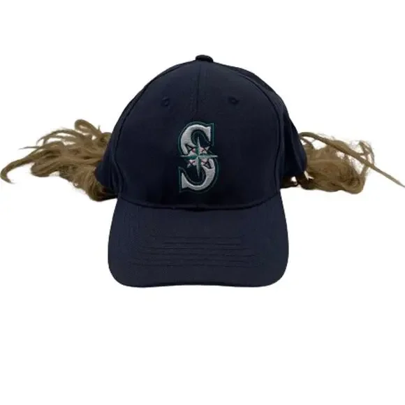 Vintage Seattle Mariners Snapback Hat Cap with Wig Long Hair Don’t Care One Size