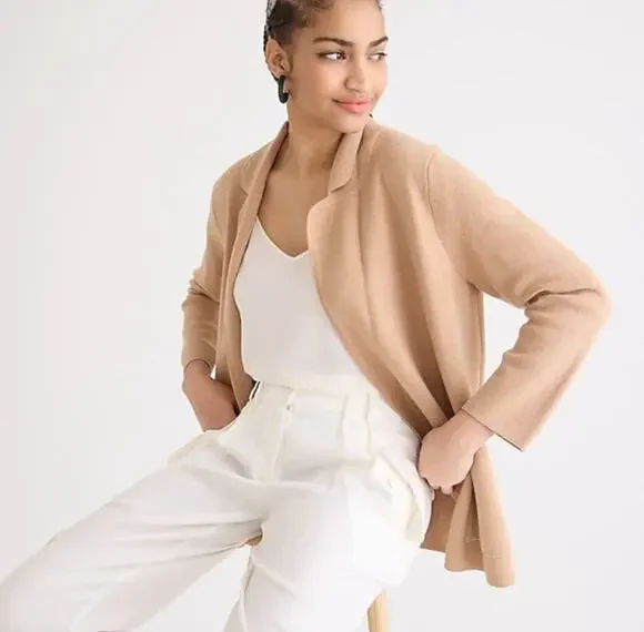 J CREW Blazer Jacket Cardigan Sweater M Merino-Wool Cotton Knit Tan Open”Eloise”