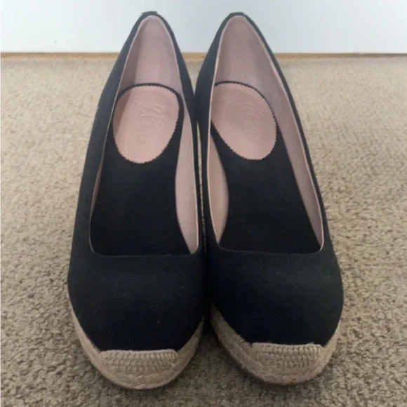 J. Crew Black Suede Wedge Espadrilles with Natural Jute Trim
