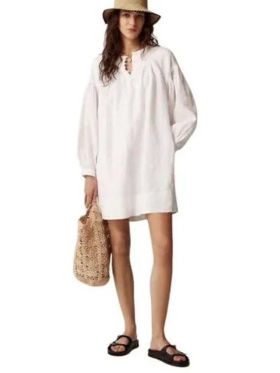 J Crew Gathered popover dress in 100% linen CJ500 Size XS NWT White Lined