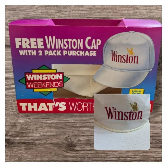 VTG Winston Cigarette white baseball cap rope front adjustable w/‎ org box
