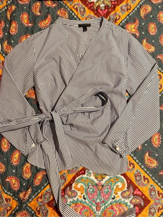 J. Crew Navy and White Striped Wrap Button-Down Blouse