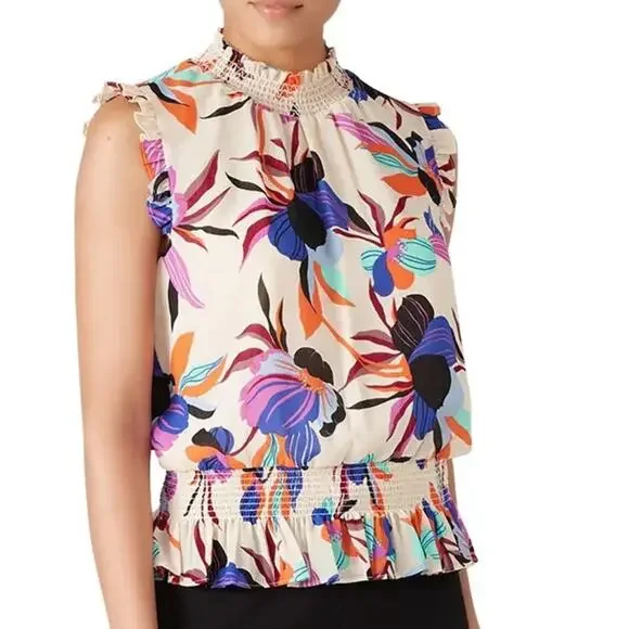 J. Crew NWOT Gorgeous Multicolor Bold Floral Ruffle Blouse Smocking Size 00