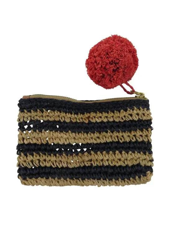 J Crew Tan Blue Straw Loose Woven Zippered Coin Purse Wallet Pom Pom Pull NEW