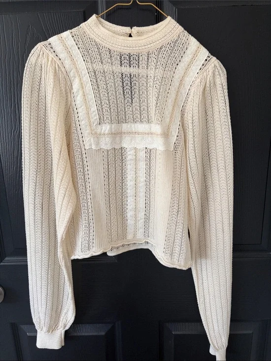 Zara Cream Sparkle Open-Knit Lace Yoke Long-Sleeve Top