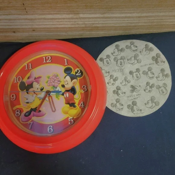 Disney Mickey Minnie Mouse Wall Clock Red Plastic Round Tested Working