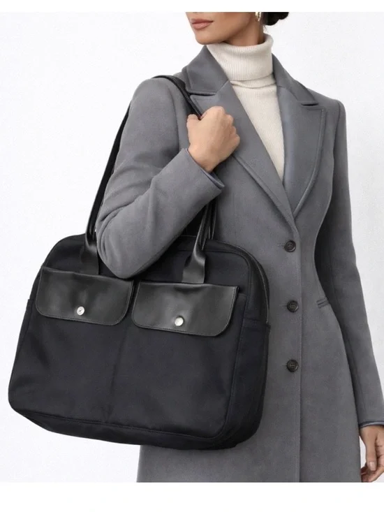 Longchamp Laptop Bag - Black, Front Snap Pockets Leather Accents Silvertone