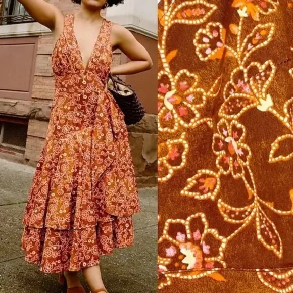 J. Crew Rust Floral Midi Dress with Pink and Cream Accents