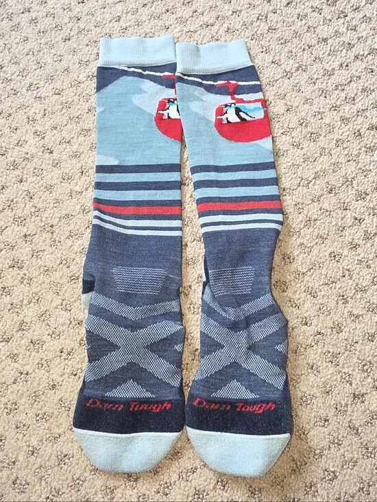 Darn Tough Over The Calf Kids' Light Blue & Navy Crew Socks with Red Accent