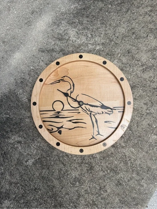 Wooden Heron Wall Clock - Natural Wood