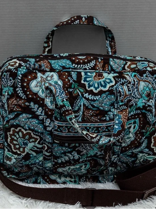 Vera Bradley Quilted Laptop Bag Computer Briefcase Travel Work Tote Blue Brown