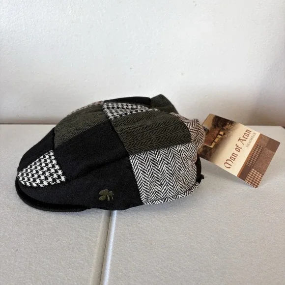 Man Of Aran Wool Newsboy Flat Cap M/L Preppy Patchwork Tweed Shamrock Ireland