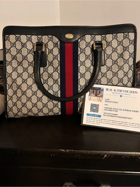 Gucci GG Supreme Briefcase Tote in Beige with Blue and Red Stripe