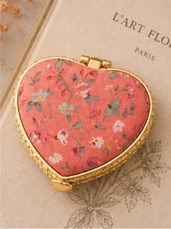 Heart-Shaped Floral Compact Mirror