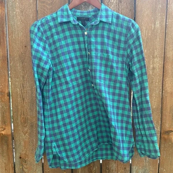 J CREW Women’s Green Blue Plaid Check Cotton Pull Over Blouse Shirt Size 4