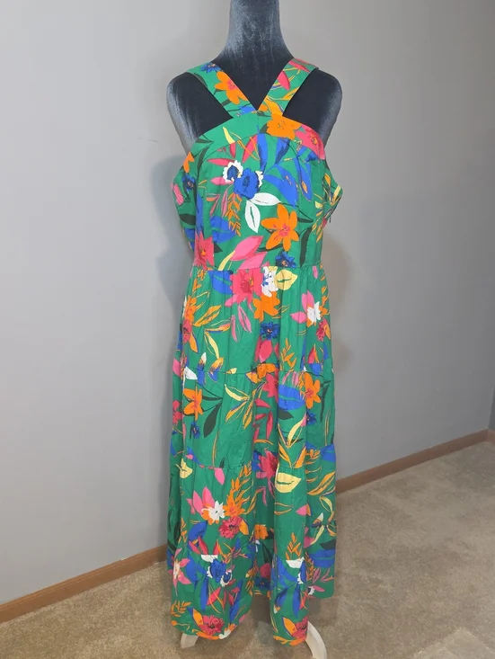 NWT J.Crew Green Tropical Floral Smocked Maxi Dress Cross Back Straps Sz 14