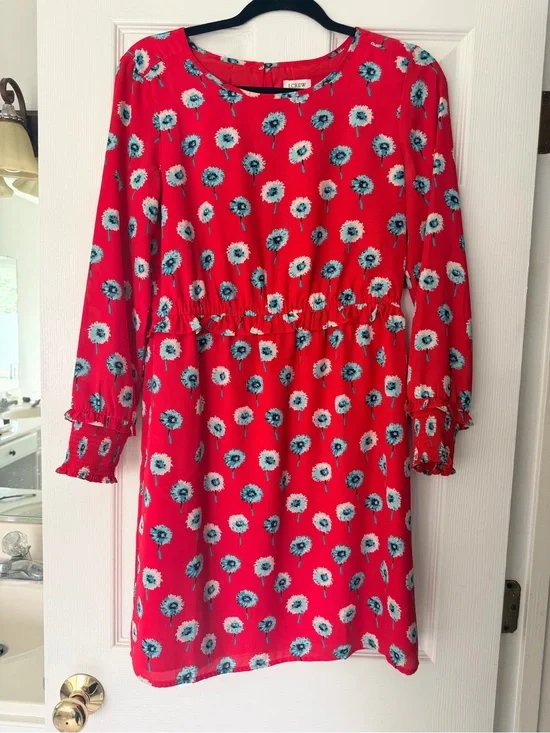 J. Crew Red Floral Shift Dress with Blue Accents