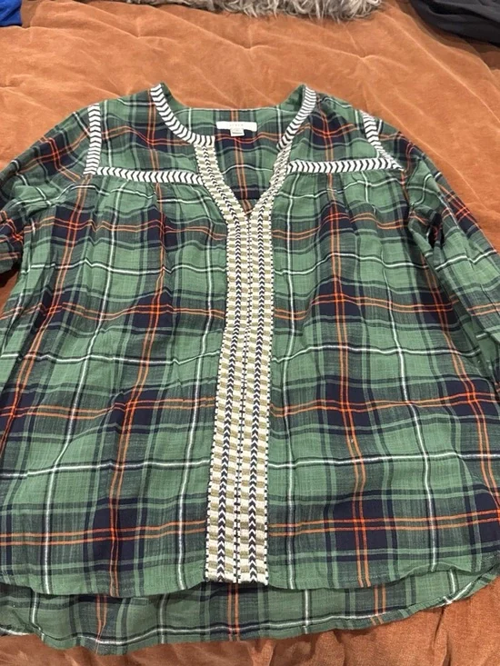 J. Crew Green Plaid Embroidered V-Neck Top