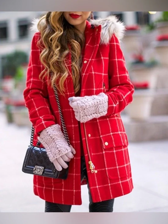 JCrew Chateau Wool Parka Red White Windowpane Plaid Coat w/ Faux Fur Trim Hood 2