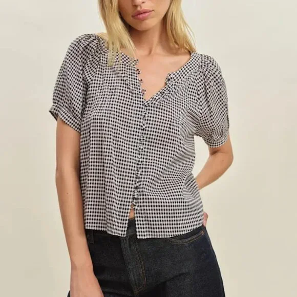Reformation Black and White Gingham Button-Front Blouse