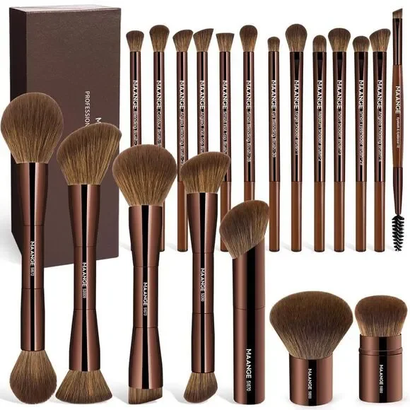 Maange 20Pcs Dark Brown Double-End Multi-functional Makeup Brushes With Gift Box