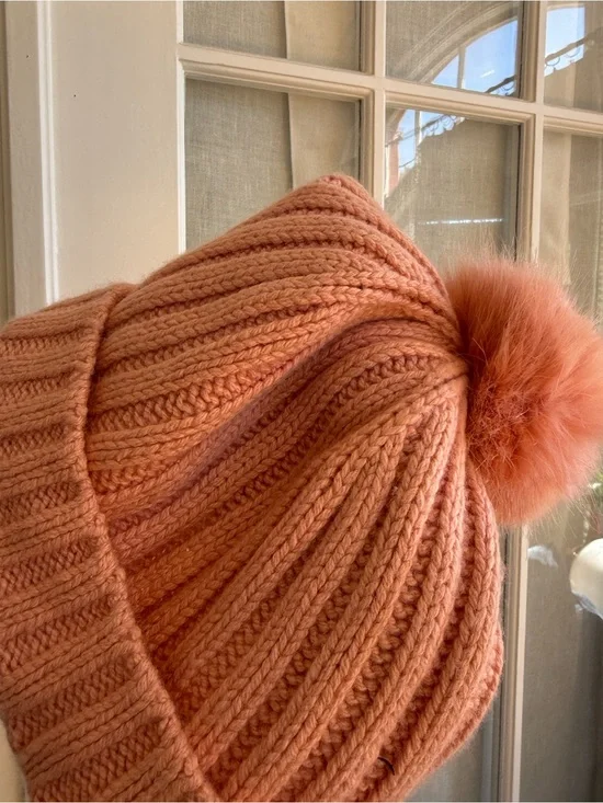 J. Crew Ribbed Knit Pom Beanie in Coral