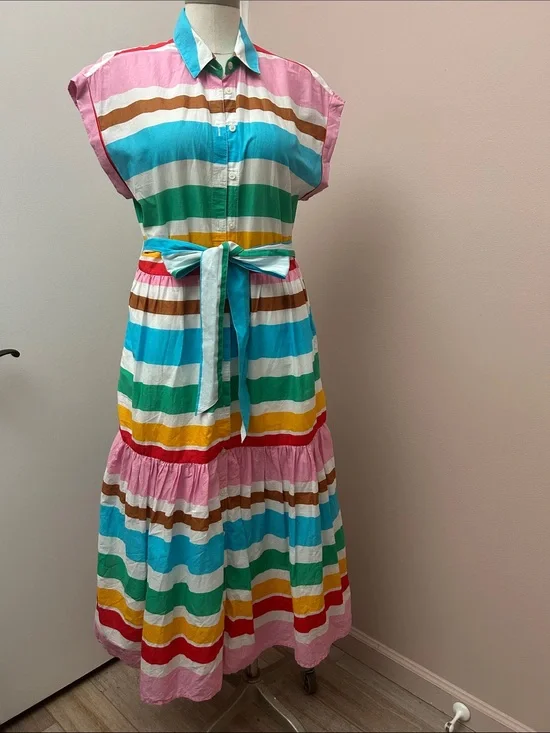 Cotton Colorful Striped Button-Up Tie-Waist Maxi Dress size 8