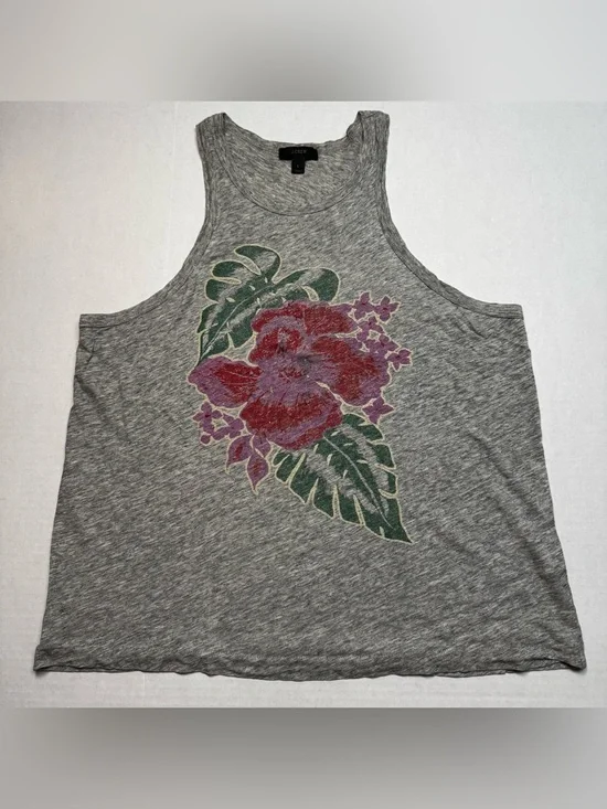 J. Crew Floral Print Tank Top Distressed Hibiscus, Monstera Hthr. Gray Size: L