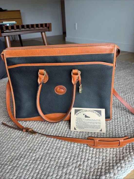 Dooney & Bourke Black Pebbled Leather Tote with Brown Trim