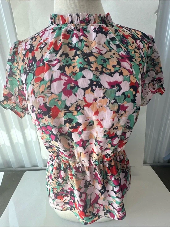 J. Crew Pink Multi Floral Short Sleeve Ruffle-Neck Blouse