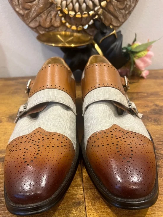 Stacy Adams Harper Double Monk-Strap Cognac Beige Leather & Canvas Shoes:Size 11