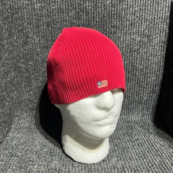 Vintage Polo Ralph Lauren Beanie Mens One Size Red USA Flag Patch Ribbed Knit
