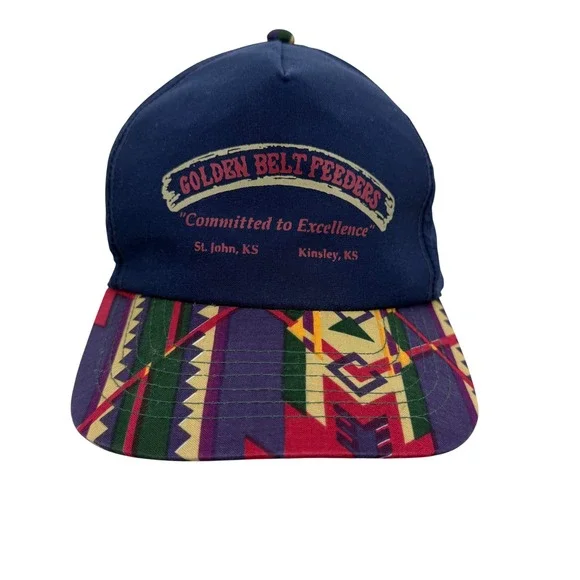 Vintage Golden Belt Feeders Trucker Hat Navy Southwestern Tribal Brim Snapback