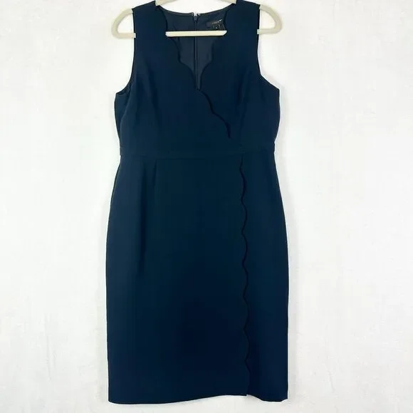 J Crew Scallop Crepe Sheath Dress Size 12 NEW Navy Blue Career Surplice