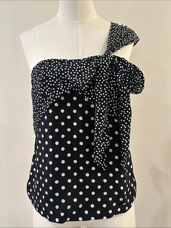 J. Crew Black & White Polka Dot One-Shoulder Bow Top